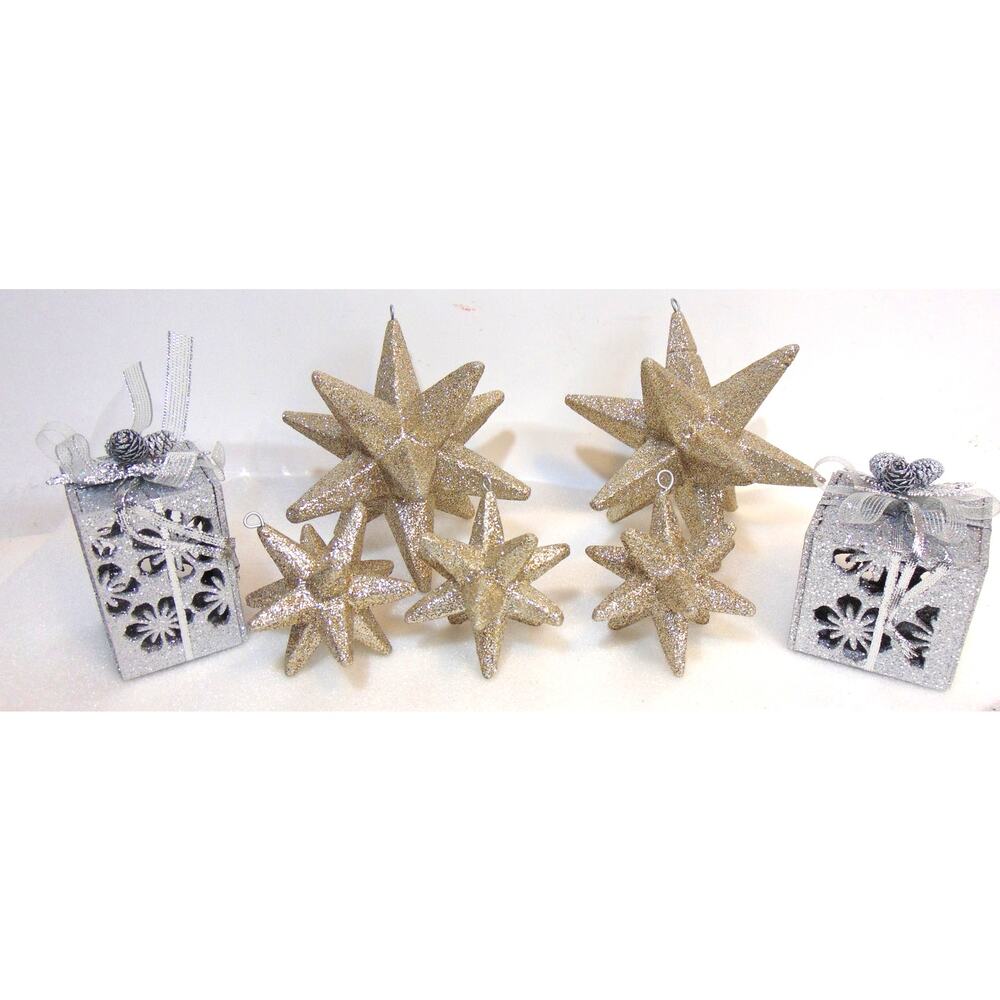 Star Glitter Christmas Ornaments Hanging Silver Boxes Bows 7 Pcs 5" 3" Set Old